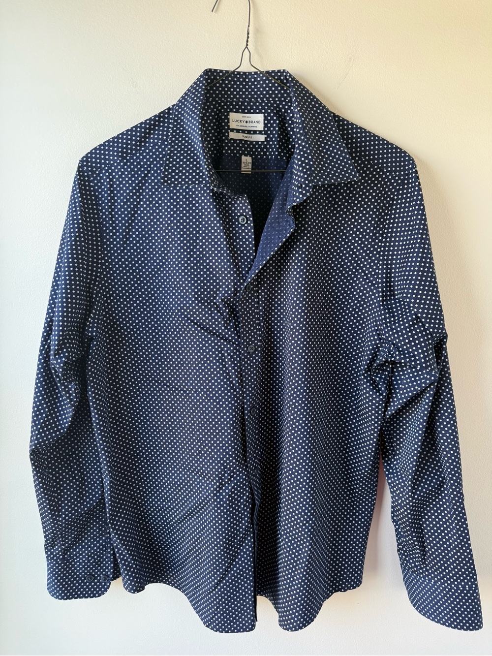 Lucky Brand Men's Navy Blue Shirt with White Polka Dots